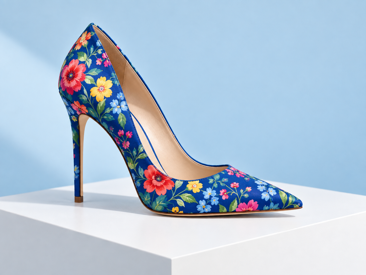 Escarpin bleu fleuri original imaginé pour l’univers Solea
