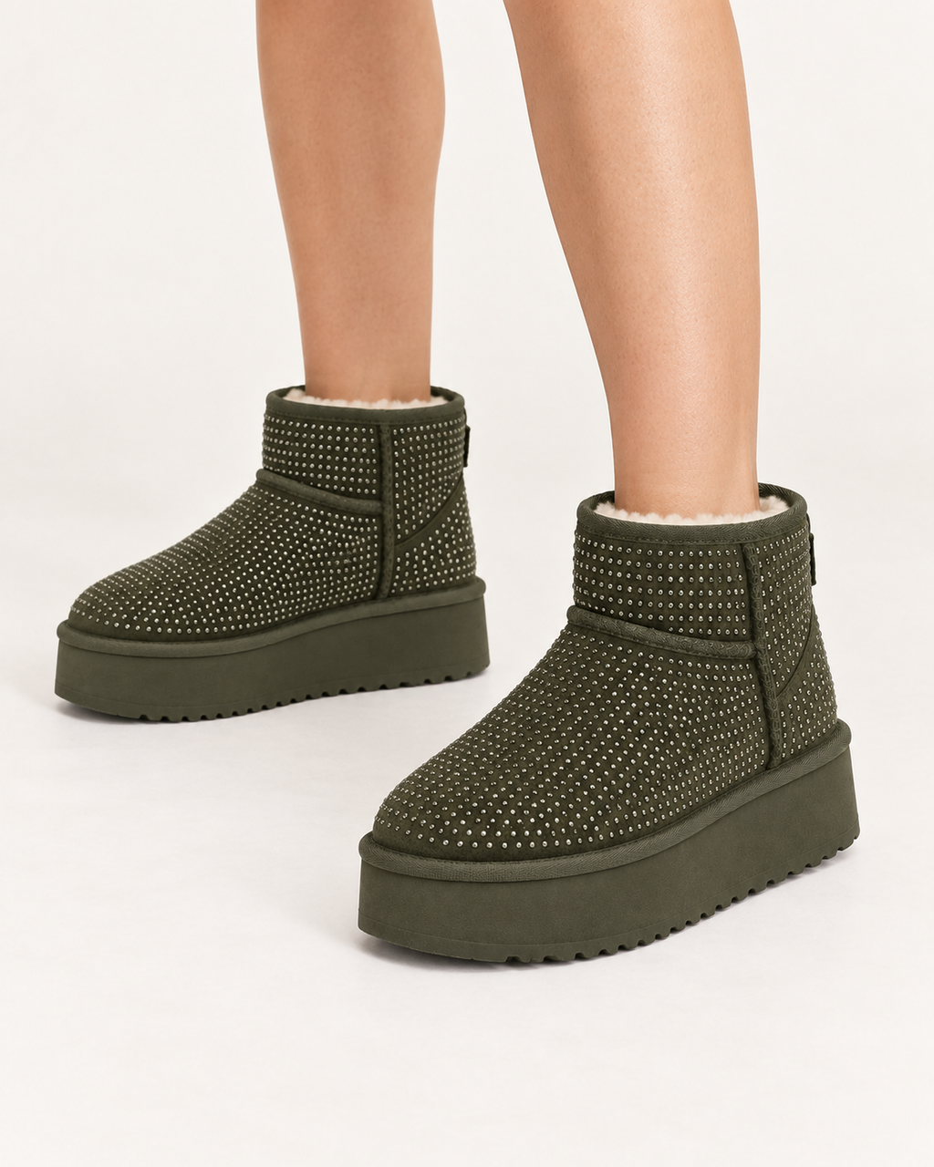 Bottines fourrées Vert armée, vue portee